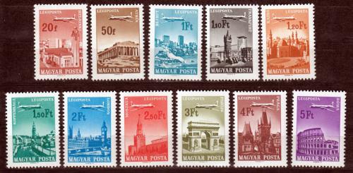 Poštové známky Maïarsko 1966 Lietadla nad mìsty Mi# 2280-90
