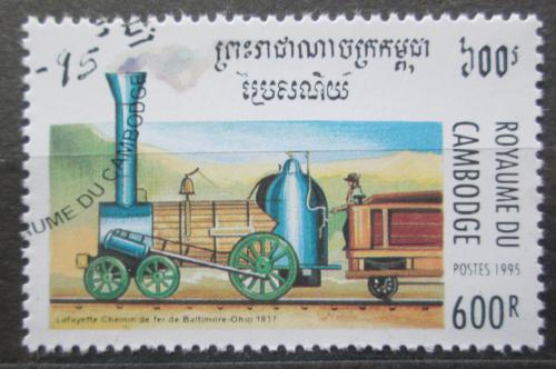 Poštová známka Kambodža 1995 Stará parní lokomotíva Mi# 1526