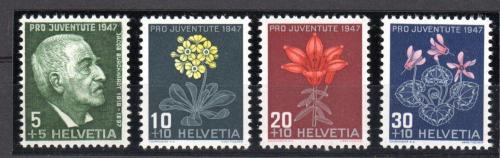Poštové známky Švýcarsko 1947 Kvety a Jacob Burckhardt Mi# 488-91 Kat 4.50€