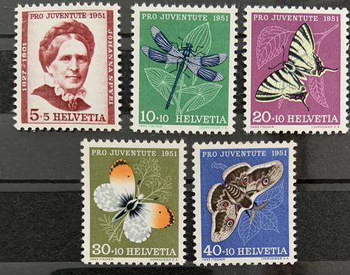 Poštové známky Švýcarsko 1951 Hmyz a Johanna Spyri Mi# 561-65 Kat 12€