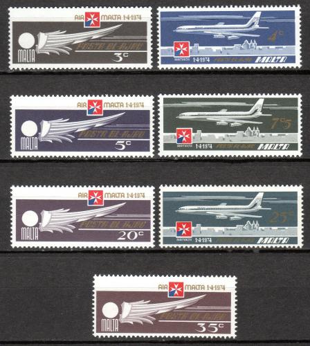 Poštové známky Malta 1974 Lietadla Mi# 486-92 Kat 6.50€