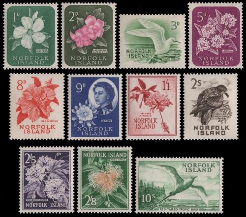 Poštové známky Norfolk 1960 Vtáci a kvety TOP SET Mi# 26-36 Kat 68€