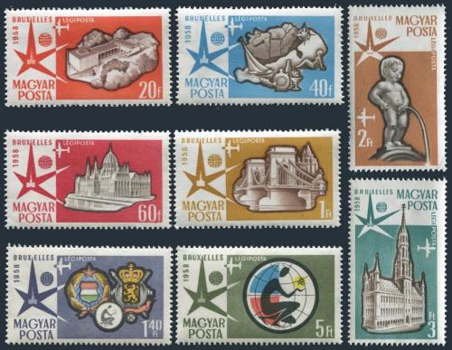 Poštové známky Maïarsko 1958 Výstava Bruxelles Mi# 1519-26 Kat 7.50€