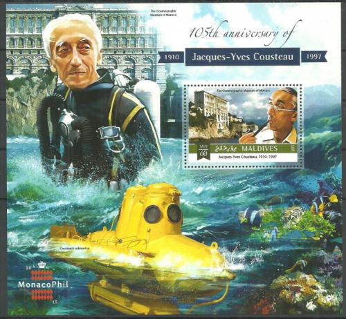 Poštová známka Maldivy 2015 Jacques-Yves Cousteau, oceánograf Mi# Block 835