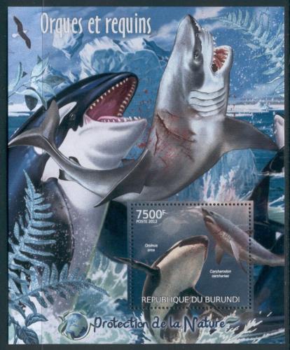Poštová známka Burundi 2012 Žralok bílý a kosatka dravá Mi# Block 243 Kat 9€
