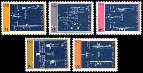 Poštové známky San Marino 1973 Konstrukèní plány letadel Mi# 1041-45