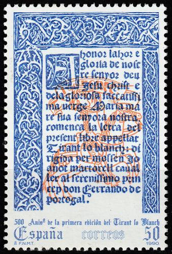 Poštová známka Španielsko 1990 Stránka z románu Tirant lo blanc Mi# 2950