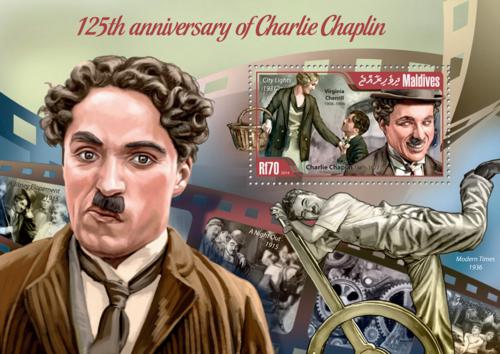 Poštová známka Maldivy 2014 Charlie Chaplin Mi# Block 674 Kat 9€