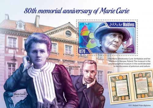 Poštová známka Maldivy 2014 Marie Curie Mi# Block 677 Kat 9€