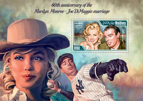 Poštová známka Maldivy 2014 Marilyn Monroe a Joe DiMaggio Mi# Block 708 Kat 7.50€