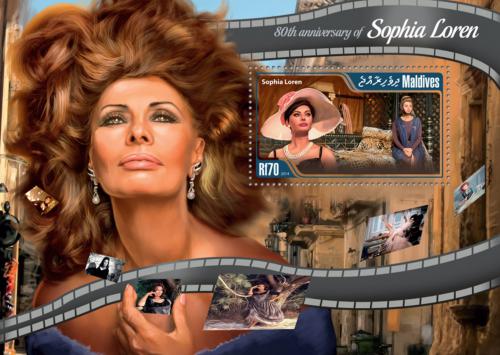 Poštová známka Maldivy 2014 Sophia Loren Mi# Block 778 Kat 9€