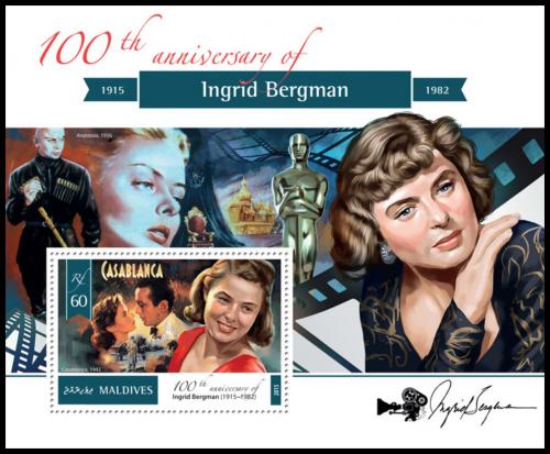 Poštová známka Maldivy 2015 Ingrid Bergman Mi# Block 803 