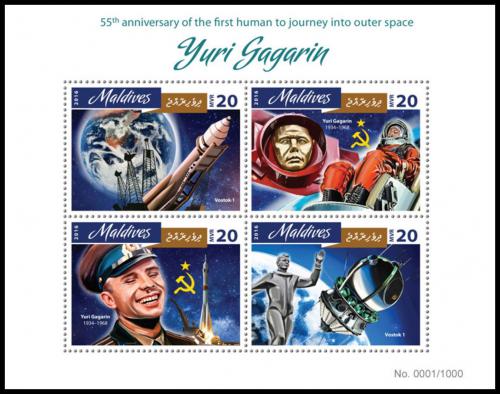 Poštové známky Maldivy 2016 Jurij Gagarin Mi# Mi# 6275-78 Kat 10€