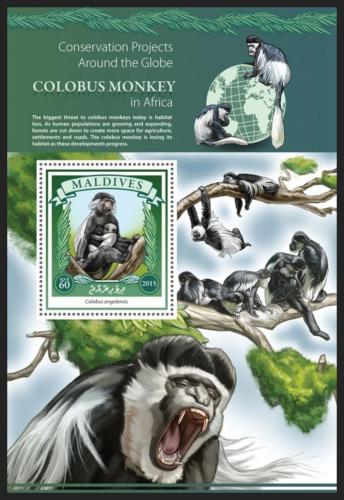 Poštová známka Maldivy 2015 Opice Mi# Block 847 