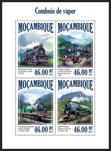 Poštové známky Mozambik 2013 Parní lokomotívy Mi# 6992-95 Kat 11€