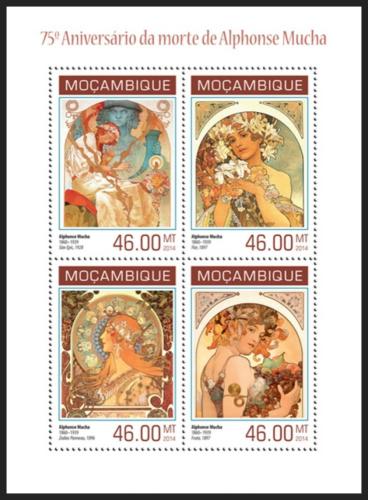 Poštové známky Mozambik 2014 Umenie, Alfons Mucha Mi# 7150-53 Kat 11€