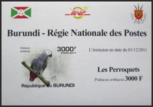 Potov znmka Burundi 2011 Papouek ed neperf. DELUXE Mi# 1977 B Block - zvi obrzok