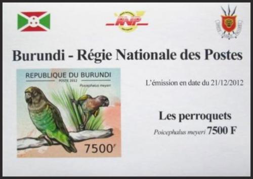 Potov znmka Burundi 2012 Papouek lutotemenn neperf DELUXE Mi# 2817 B Block - zvi obrzok