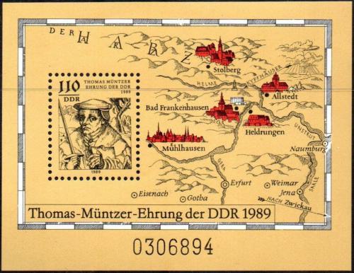 Potov znmka DDR 1989 Thomas Mntzer, mapa Mi# Block 97 - zvi obrzok