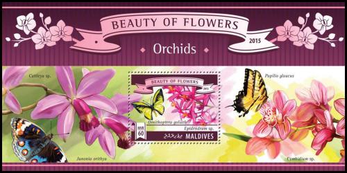 Poštová známka Maldivy 2015 Motýle a orchideje Mi# Block 828