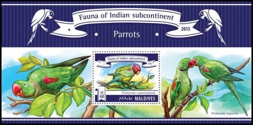 Poštová známka Maldivy 2015 Papagáje Mi# Block 782
