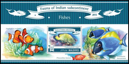 Poštová známka Maldivy 2015 Ryby Mi# Block 780