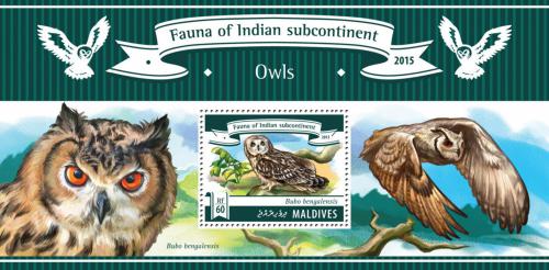 Poštová známka Maldivy 2015 Sovy Mi# Block 781 