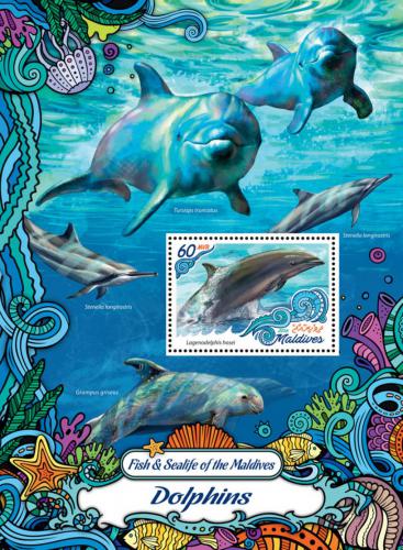 Poštová známka Maldivy 2016 Delfíny Mi# Block 1001 Kat 7.50€