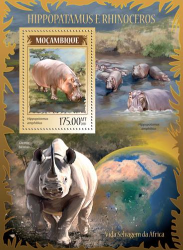 Poštová známka Mozambik 2014 Nosorožce a hrochy Mi# Block 905 Kat 10€