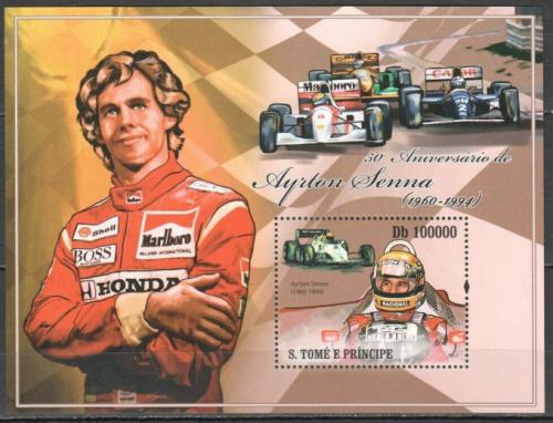 Poštová známka Svätý Tomáš 2010 Ayrton Senna, Formule 1 Mi# Block 745 Kat 10€