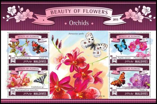 Poštové známky Maldivy 2015 Motýle a orchideje Mi# 5830-33 Kat 10€