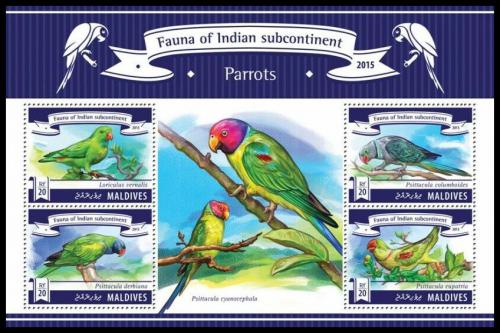 Poštové známky Maldivy 2015 Papagáje Mi# 5599-5602 Kat 10€