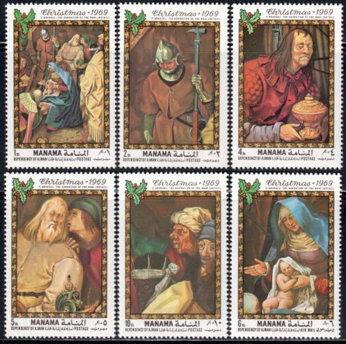 Poštové známky Manáma 1969 Umenie, vianoce Mi# 217-22