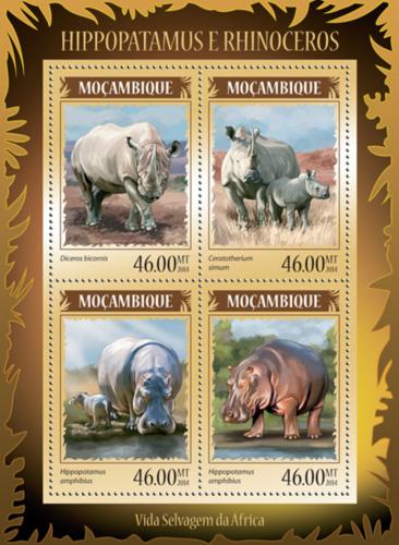 Poštové známky Mozambik 2014 Nosorožce a hrochy Mi# 7325-28 Kat 11€