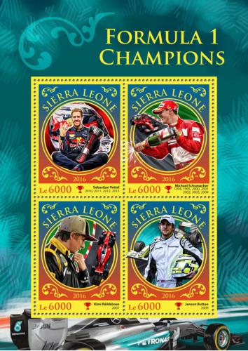 Poštové známky Sierra Leone 2016 Formule 1, slavní jezdci Mi# 7618-21 Kat 11€